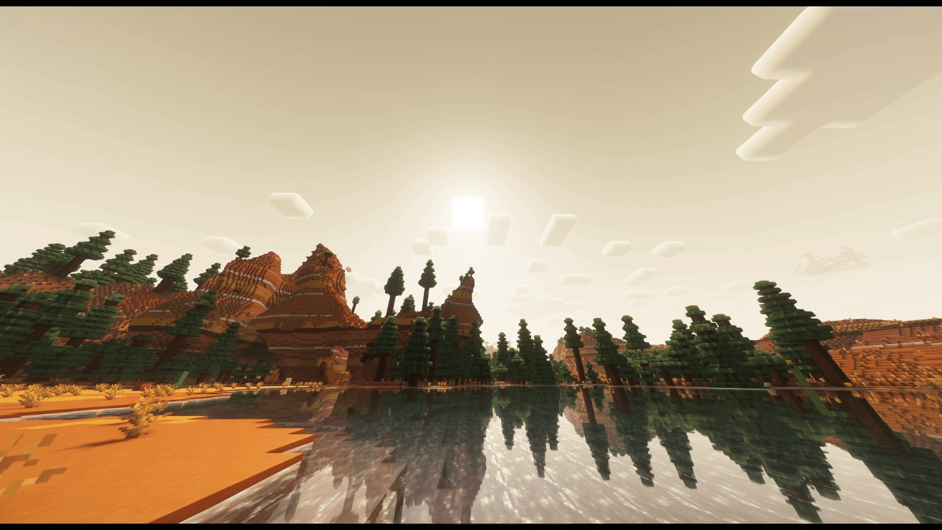 Background gif of the sun setting over a mesa biome in Minecraft